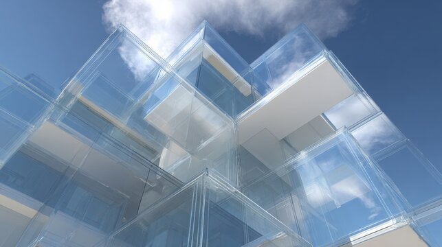 futuristic deconstructivist glass cube architecture, overlapping transparent volumes, reflective surfaces, minimal white structural frames, dramatic