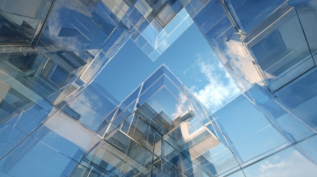 futuristic glass cube architecture, deconstructivist design, intersecting transparent buildings, reflective glass surfaces, white minimal frames, low