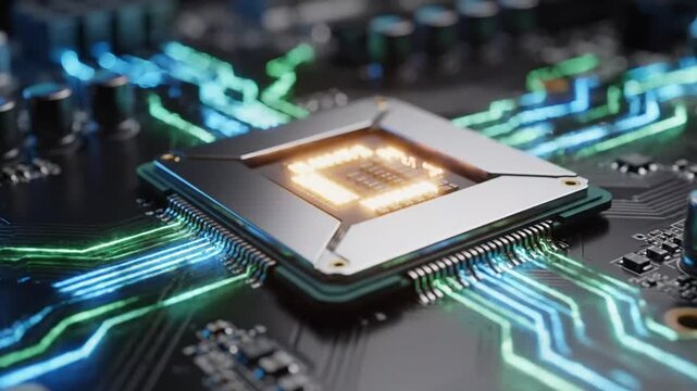Modern computer CPU processor on motherboard with blue lighting