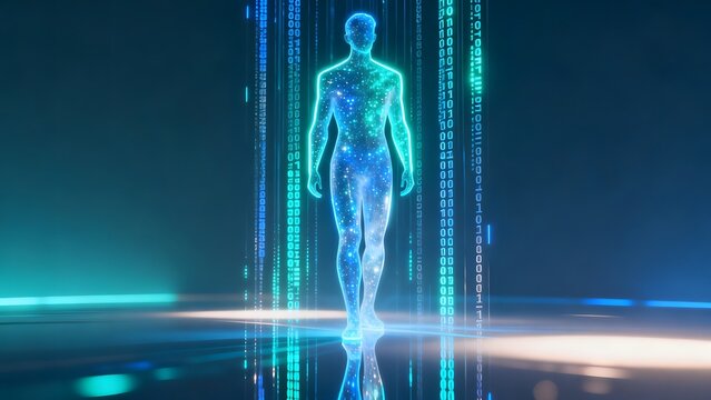 Human figure with digital binary code
