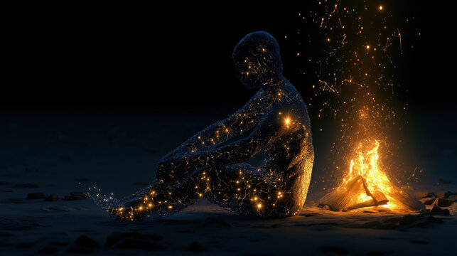 A luminous human figure made of sparks sits near a glowing campfire against a dark background, blending light and shadow in a surreal, artistic scene.