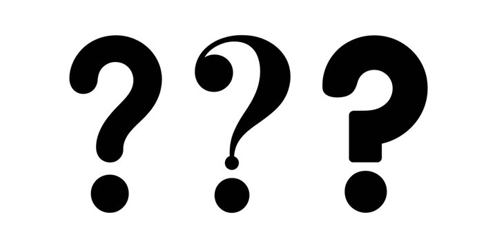 Question marks, punctuation symbols, black icons silhouette, typography elements, white background