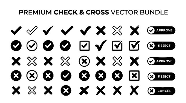 Premium check mark and cross vector icon bundle featuring tick x mark approve reject buttons and voting validation symbols