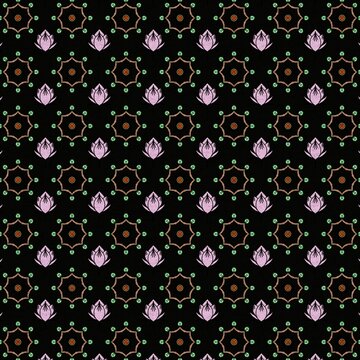 Seamless Thai traditional pattern with pink lotus flowers and geometric mandalas on a black background. Oriental ornament backdrop. Vector illustration.