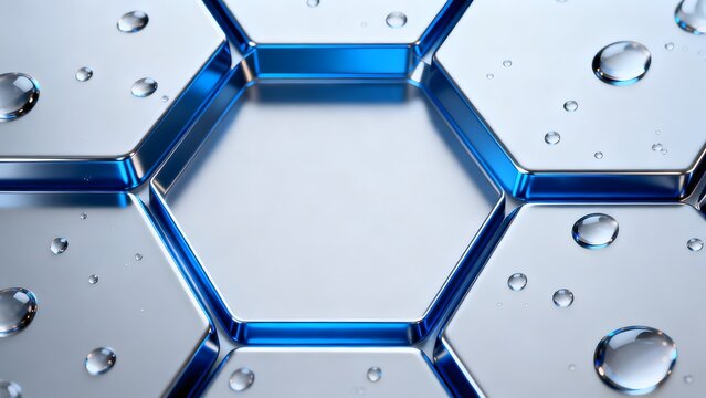 Blue hexagonal metallic surface with water droplets