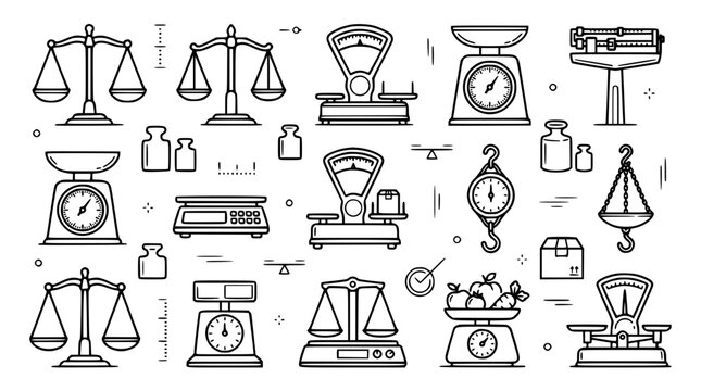 Weighing scale and law balance line art icon set vector bundle featuring vintage kitchen judicial digital and weight elements