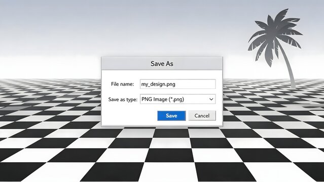 Checkerboard floor with palm tree and save dialog