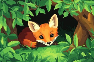 Obraz premium A cartoon red fox with large eyes peeks out from a lush green forest hideout