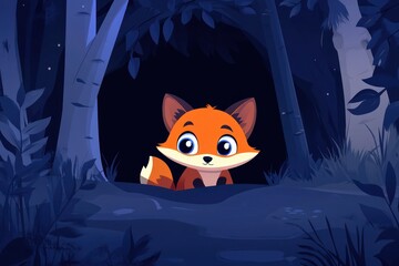 Obraz premium A curious cartoon fox with large eyes peeking out of a dark forest den