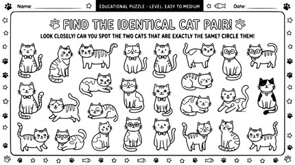 Find the identical cat pair educational visual puzzle game worksheet vector illustration for children school activity coloring book page © MdSabbir