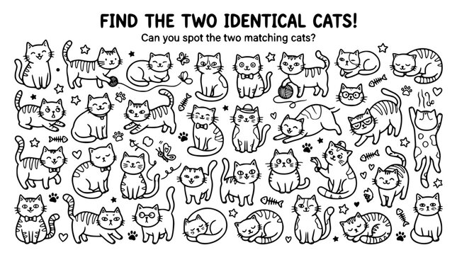 Find the two identical cats visual puzzle game vector illustration template for children educational activity worksheet coloring page book