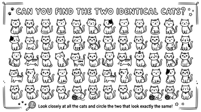 Find the two identical cats visual puzzle puzzle game vector illustration template for children coloring page book activity sheet