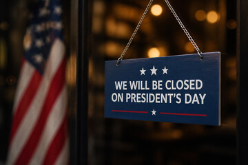 A "We will be closed on President's Day" sign hangs in a dimly lit interior next to an American flag.