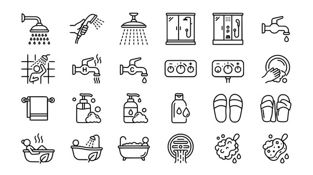 Bathroom shower and bathing line icon set vector bundle featuring faucet towel soap shampoo slippers bathtub and hygiene elements