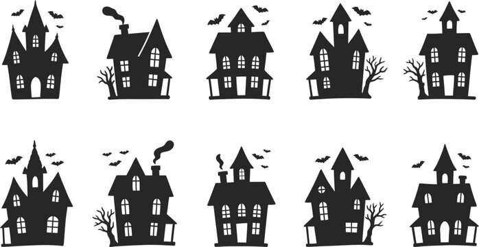 Collection of spooky black silhouette haunted houses with bats and trees on white background