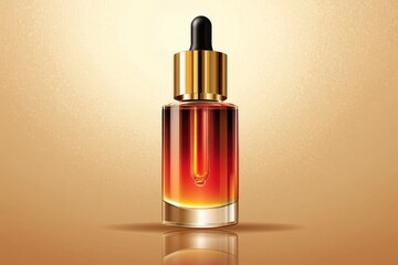 Naklejka premium A luxurious amber-colored serum bottle with a gold cap and black dropper on a reflective golden surface