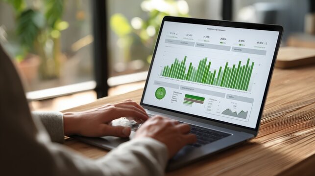 Person analyzing data on laptop with green bar graph on screen in office