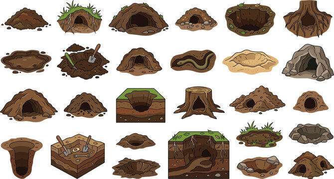 Ground Hole Cave and Dirt Mound Vector Set with Animal Burrows Mud Pits Tree Stump Dens and Archaeological Digs for Game Environment Assets