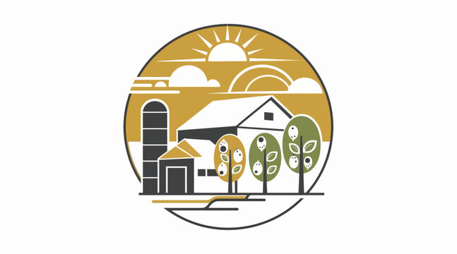 Rural farmhouse illustration with trees and silo under sun.