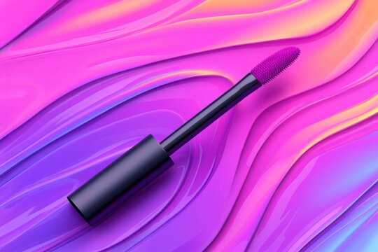 A vibrant purple lip gloss applicator lies on a wavy, multicolored background
