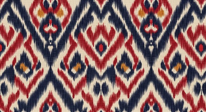 Traditional ikat textile design with red and blue tribal diamond motifs