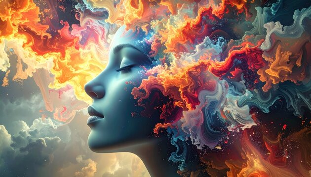 Profile of woman's face with closed eyes, exploding colorful flames emanating from head