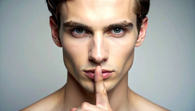 Close-up of a fair-skinned man holding a finger to his lips, asking for silence