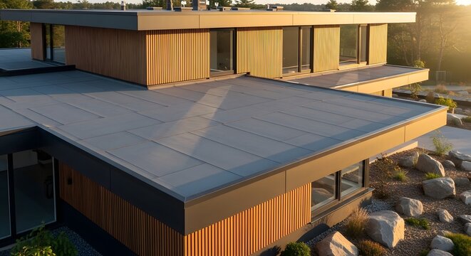 Modern luxury house exterior with flat roof and wooden cladding during golden hour.