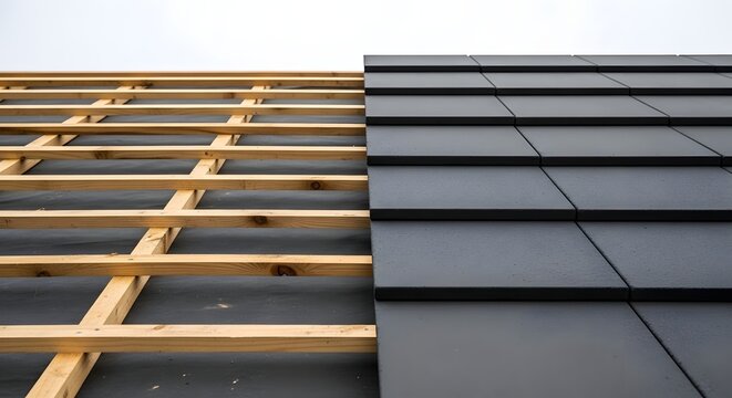 Close up view of a new roof construction with wooden battens and dark tiles.