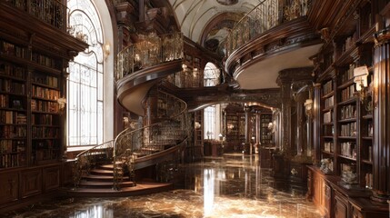 Fototapeta premium grand luxury library, spiral staircase, towering bookshelves, rich walnut wood, marble flooring, sunlight filtering through tall arched windows