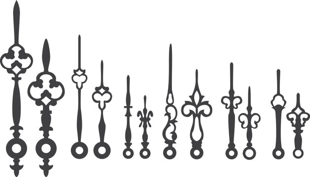 Black and white of various clock hands in different styles and shapes hour hand minute hand second hand