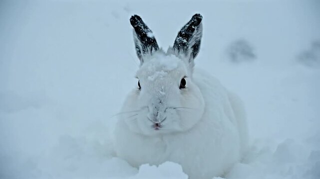 An Arctic Hare Blending into the Blizzard Background with Its White Fur in a Serene Snowy Landscape