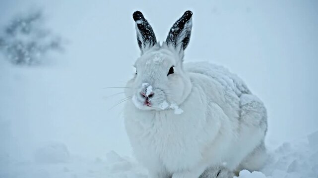 Arctic Hare Sitting Perfectly Still In A Blizzard, Blending Into The Snowy Landscape With Discreet Camouflage In A Calm Winter Environment