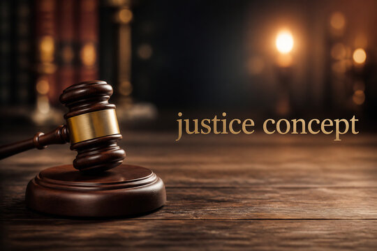 A wooden gavel rests on a dark wooden surface with blurred bookshelves and lights in the background, illustrating a justice concept.