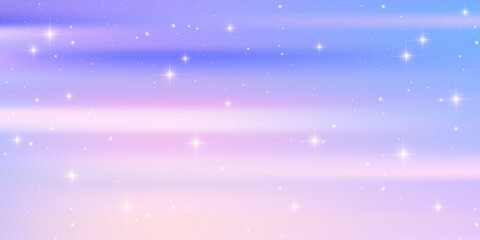 Dreamy pink pastel rainbow background with sparkling stars and soft clouds for magical princess designs and cute fantasy unicorn projects. Vector soft holographic bg © Chorna_L