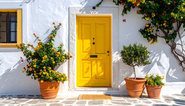 Entrada de casa mediterr&aacute;nea con puerta amarilla, fachada blanca, macetas y flores en ambiente soleado de verano