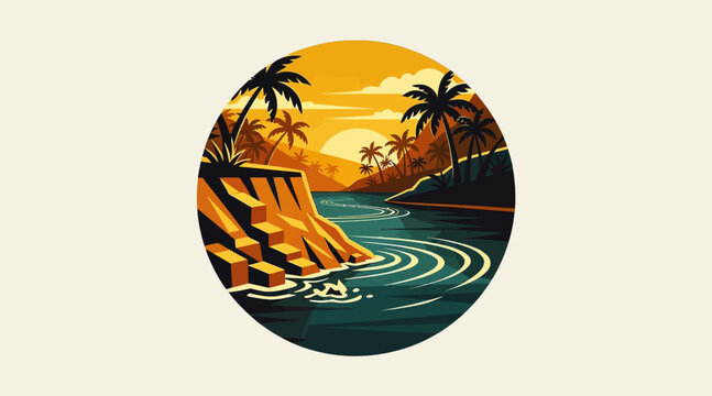 Tropical sunset beach with palm trees and ocean waves.