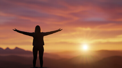 Fototapeta premium Woman embracing sunset light with open arms, enjoying beauty of nature and moment of tranquility