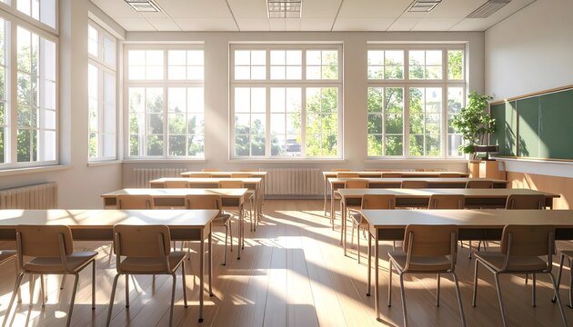 Aula escolar vac&iacute;a con pupitres de madera y grandes ventanales en ambiente educativo luminoso y ordenado