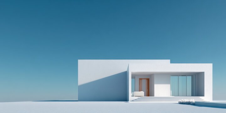 Modern minimalist white house under clear blue sky architectural design concept