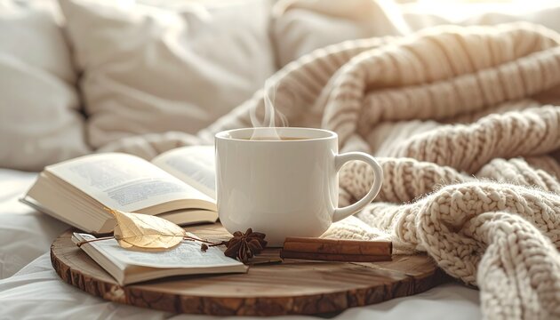 Taza caliente con libro abierto y manta de punto sobre cama en ambiente acogedor de lectura, descanso y bienestar en casa