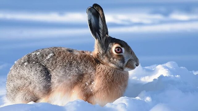 Close-Up Of An Arctic Hare Crouching In Deep Snow, Perfectly Camouflaged In Its Natural Habitat, Highlighting Winter Wildlife Adaptation And Survival