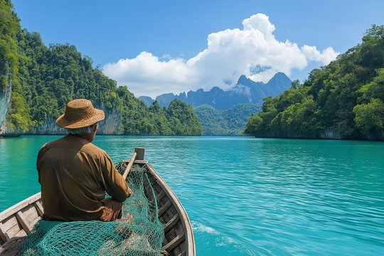 A man in a straw hat is sitting in a boat on a lake. Generative Ai