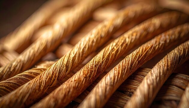 Primer plano de cuerdas gruesas de fibra natural con textura trenzada en composici&oacute;n r&uacute;stica de material artesanal