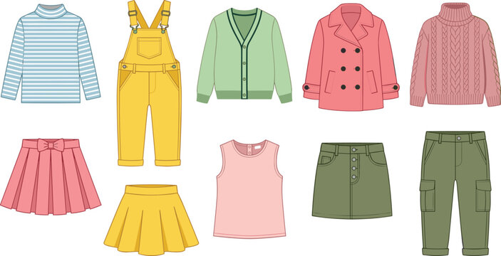 Casual autumn and spring fashion apparel vector illustration set with striped shirt, yellow overalls, cardigan, pea coat, turtleneck sweater, skirts, and cargo pants
