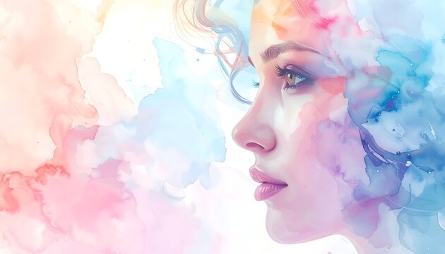 Retrato art&iacute;stico de mujer de perfil con acuarelas rosas y azules en composici&oacute;n delicada de belleza y creatividad