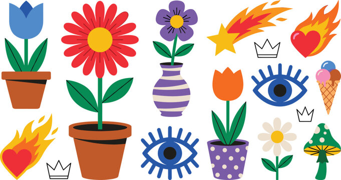Colorful retro groovy sticker vector illustration set with potted flowers, evil eye symbols, burning hearts, shooting star, and funky psychedelic elements