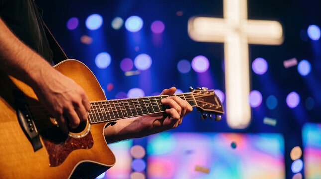 Musicians performing christian worship concert on stage with illuminated cross for audience. Religious music event, modern church service, easter celebration and spiritual gathering