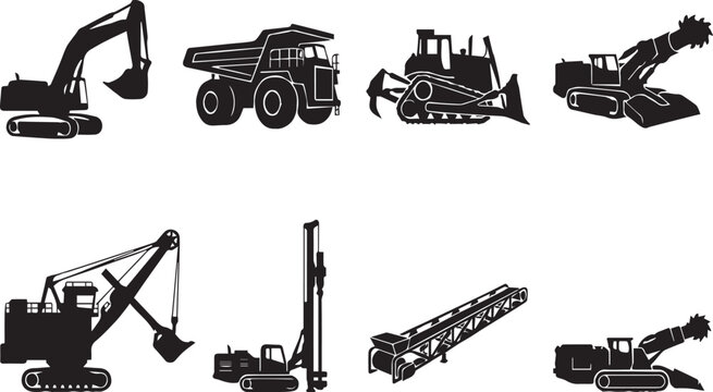 Heavy mining machinery silhouettes set, industrial quarry construction vehicles vector illustration