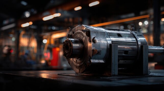 industrial electric motor in factory environment, metallic details, engineering precision, dramatic workshop lighting, professional industrial